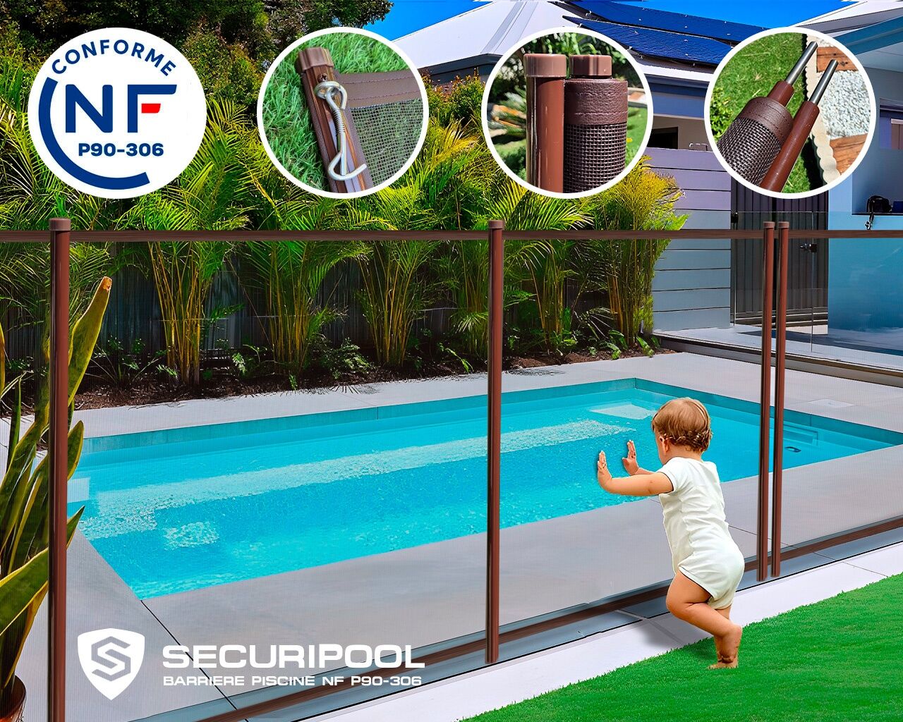 Barriere piscine demontable SECURIPOOL Marron Chocolat 5m fixations 16mm