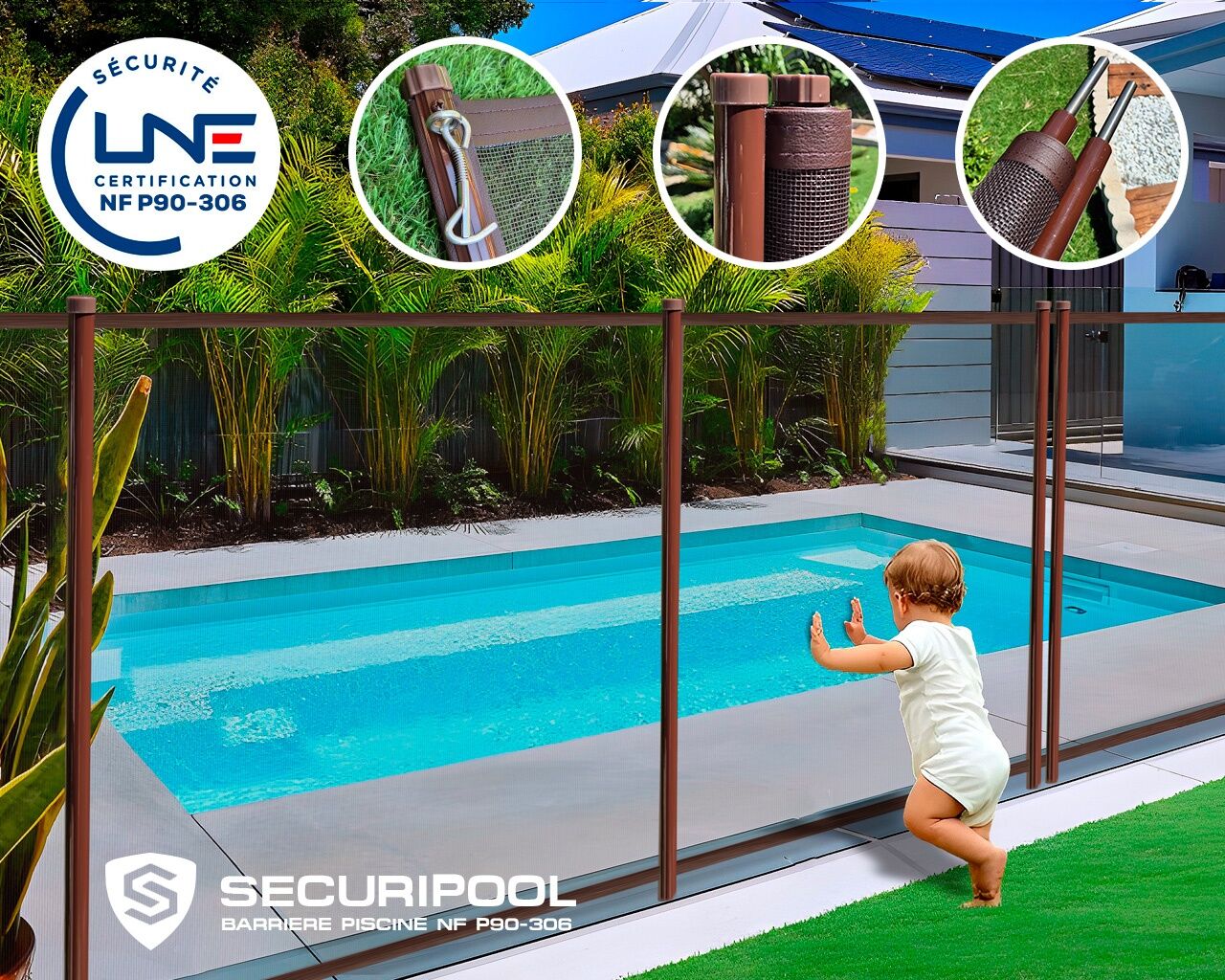 Barriere piscine demontable SECURIPOOL Marron Chocolat 6m fixations 16mm