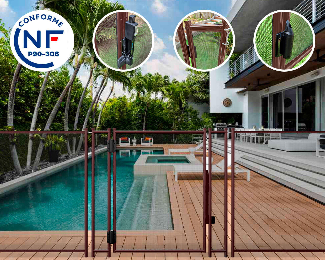Portillon automatique SECURIPOOL 130cm Marron Chocolat fixations 16mm barriere piscine demontable