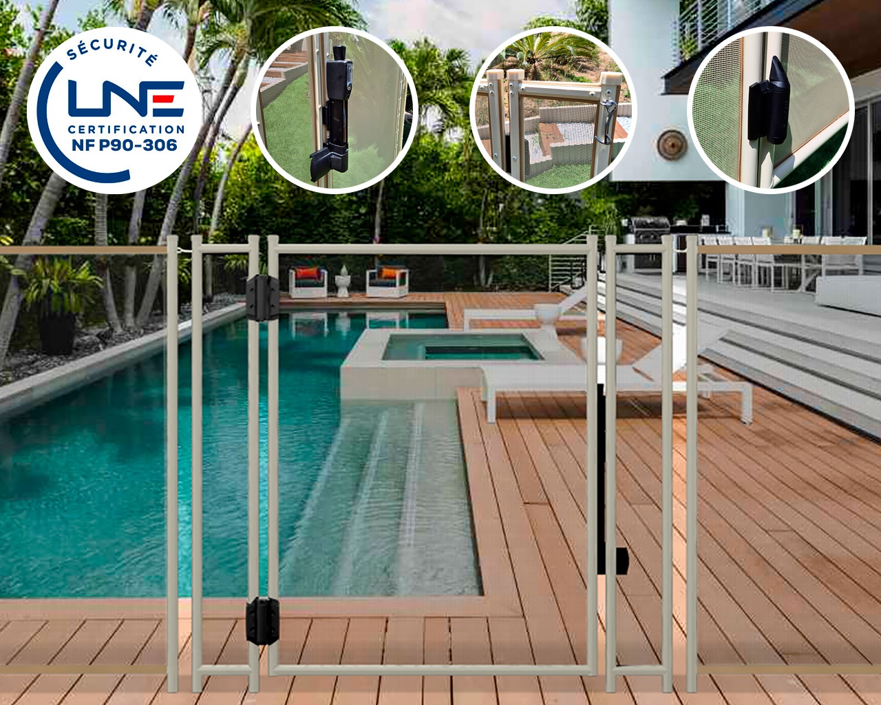 Portillon automatique SECURIPOOL 130cm Sable fixations 16mm barriere piscine demontable