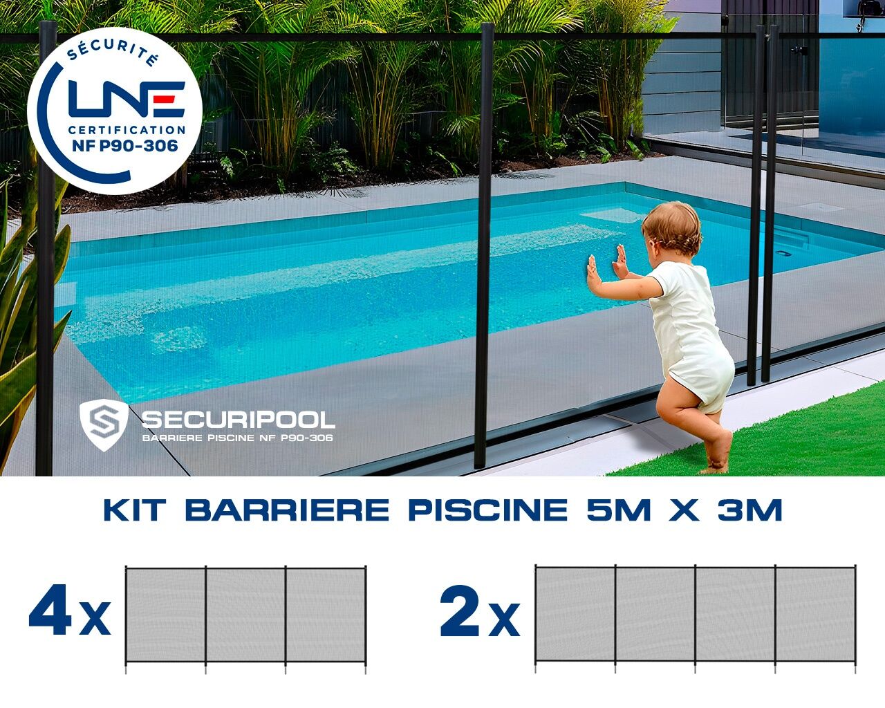 Kit barriere souple demontable SECURIPOOL NOIR piscine 5m x 3m NF P90-306