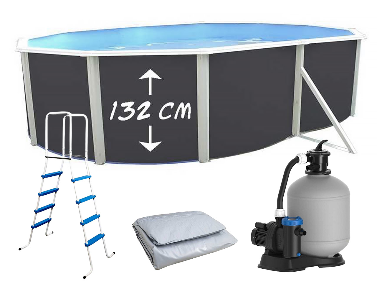 Piscine hors-sol acier TOI MAGNUM ANTHRACITE ovale 640x366x132cm liner gris filtre 6m³/h