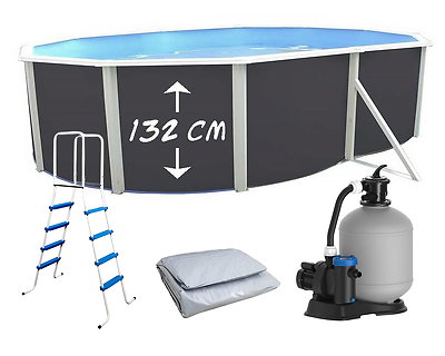 Piscine hors-sol acier TOI MAGNUM ANTHRACITE ovale 640x366x132cm liner gris filtre 6m³/h