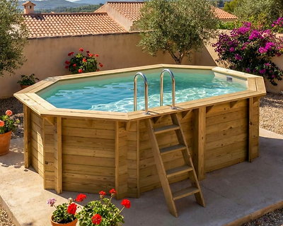 Piscine bois Altanka NEMO octogonale allongée 4,3x3m H 1,18 m liner sable