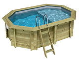 Piscine bois Altanka NEMO octogonale allongee avec plage 4,3x3m H 1,18 m liner gris, ancrage beton