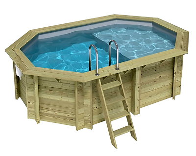 Piscine bois Altanka NEMO octogonale allongée avec plage 4,3x3m H 1,18 m liner gris, ancrage béton
