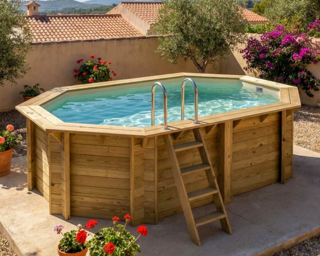 Piscine bois Altanka NEMO octogonale allongee 4,3x3m H 1,18 m liner sable, pose sur dalle