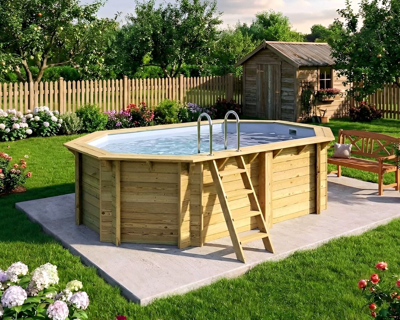 Piscine bois Altanka NEMO octogonale allongee 4,3x3m H 1,18 m liner gris, pose sur dalle