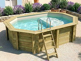 Piscine bois Altanka NEMO octogonale allongee avec plage 4,3x3m H 1,18 m liner sable, pose sur dalle - Autre vue