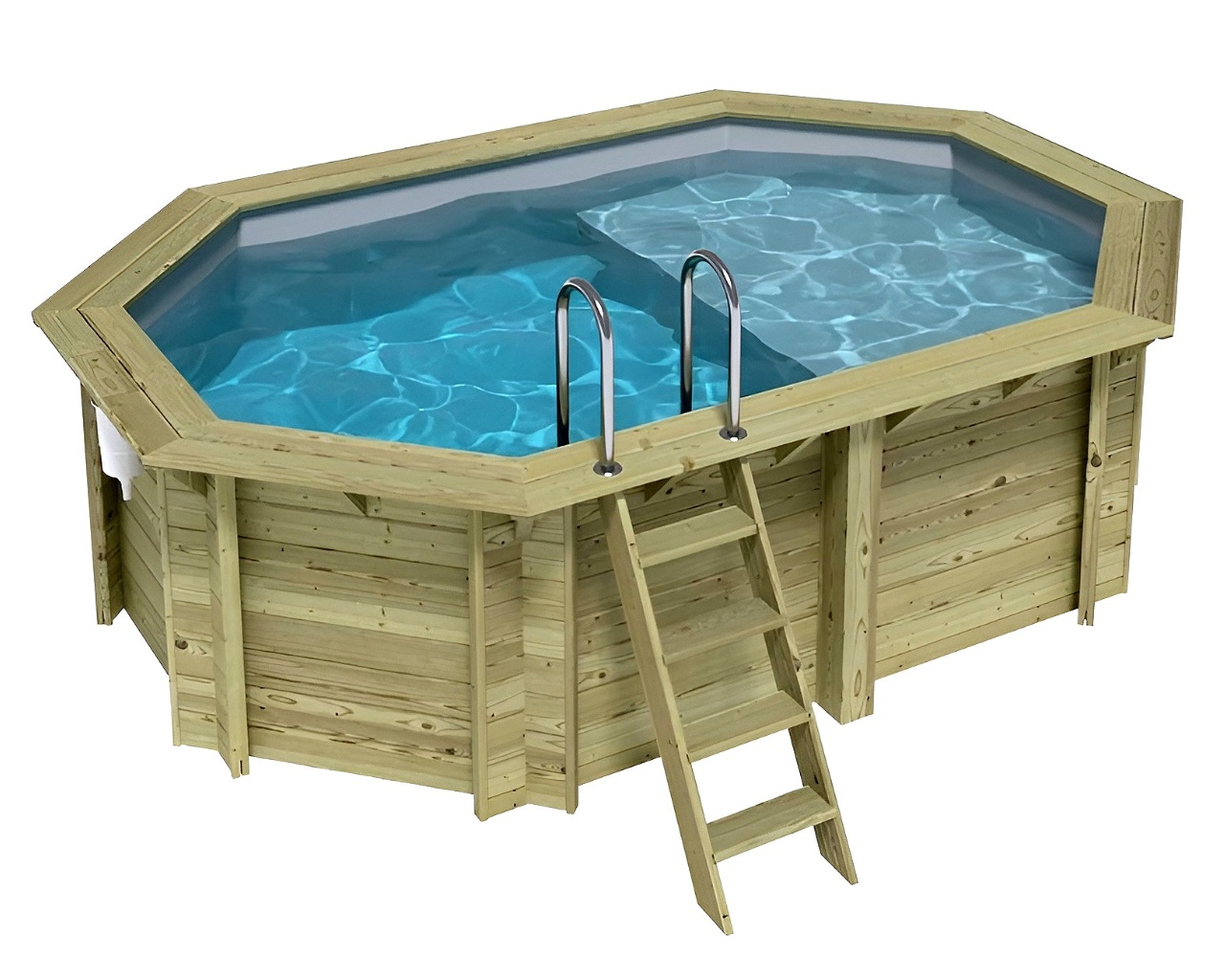 Piscine bois Altanka NEMO octogonale allongee avec plage 4,3x3m H 1,18 m liner gris, pose sur dalle