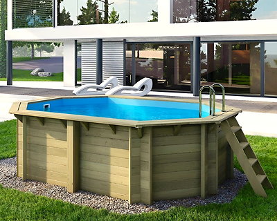 Piscine bois Altanka NEMO octogonale allongée 4,3x3m H 1,18 m liner bleu, sans dalle béton