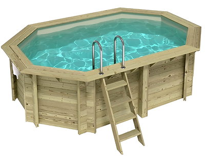 Piscine bois Altanka NEMO octogonale allongée 4,3x3m H 1,18 m liner sable, sans dalle béton