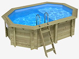 Piscine bois Altanka NEMO octogonale allongee avec plage 4,3 x 3m H 1,18m liner bleu, sans dalle beton