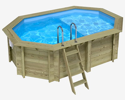 Piscine bois Altanka NEMO octogonale allongée avec plage 4,3 x 3m H 1,18m liner bleu, sans dalle béton