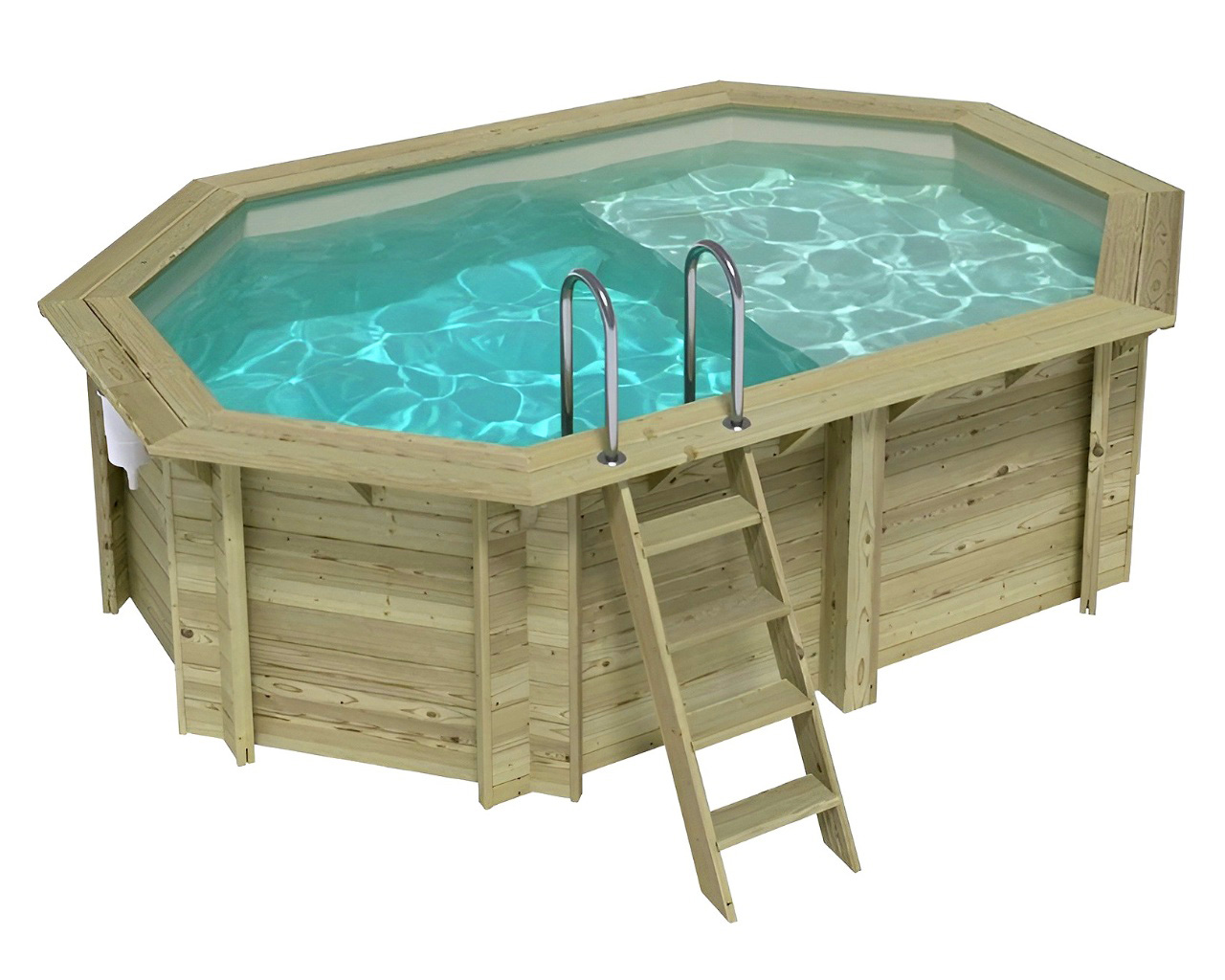 Piscine bois Altanka NEMO octogonale allongee avec plage 4,3 x 3m H 1,18m liner sable, sans dalle beton