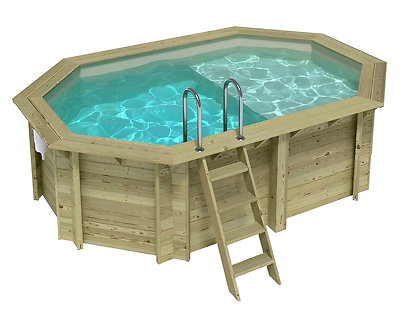 Piscine bois Altanka NEMO octogonale allongée avec plage 4,3 x 3m H 1,18m liner sable, sans dalle béton
