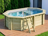 Piscine bois Altanka NEMO octogonale allongee avec plage 4,3 x 3m H 1,18m liner gris, sans dalle beton