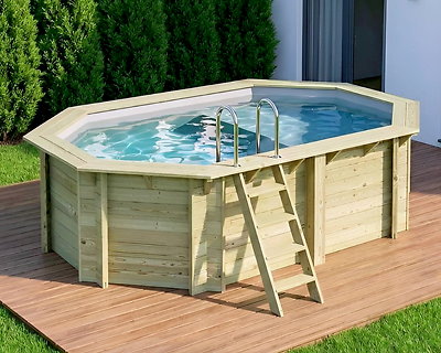 Piscine bois Altanka NEMO octogonale allongée avec plage 4,3 x 3m H 1,18m liner gris, sans dalle béton