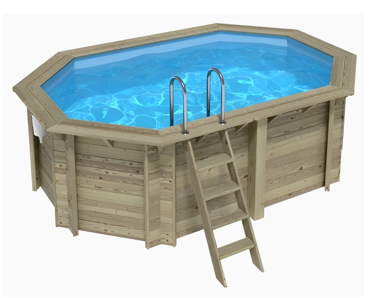 Piscine bois Altanka NEMO octogonale allongee 4,3 x 3m H 1,31m liner bleu, ancrage beton