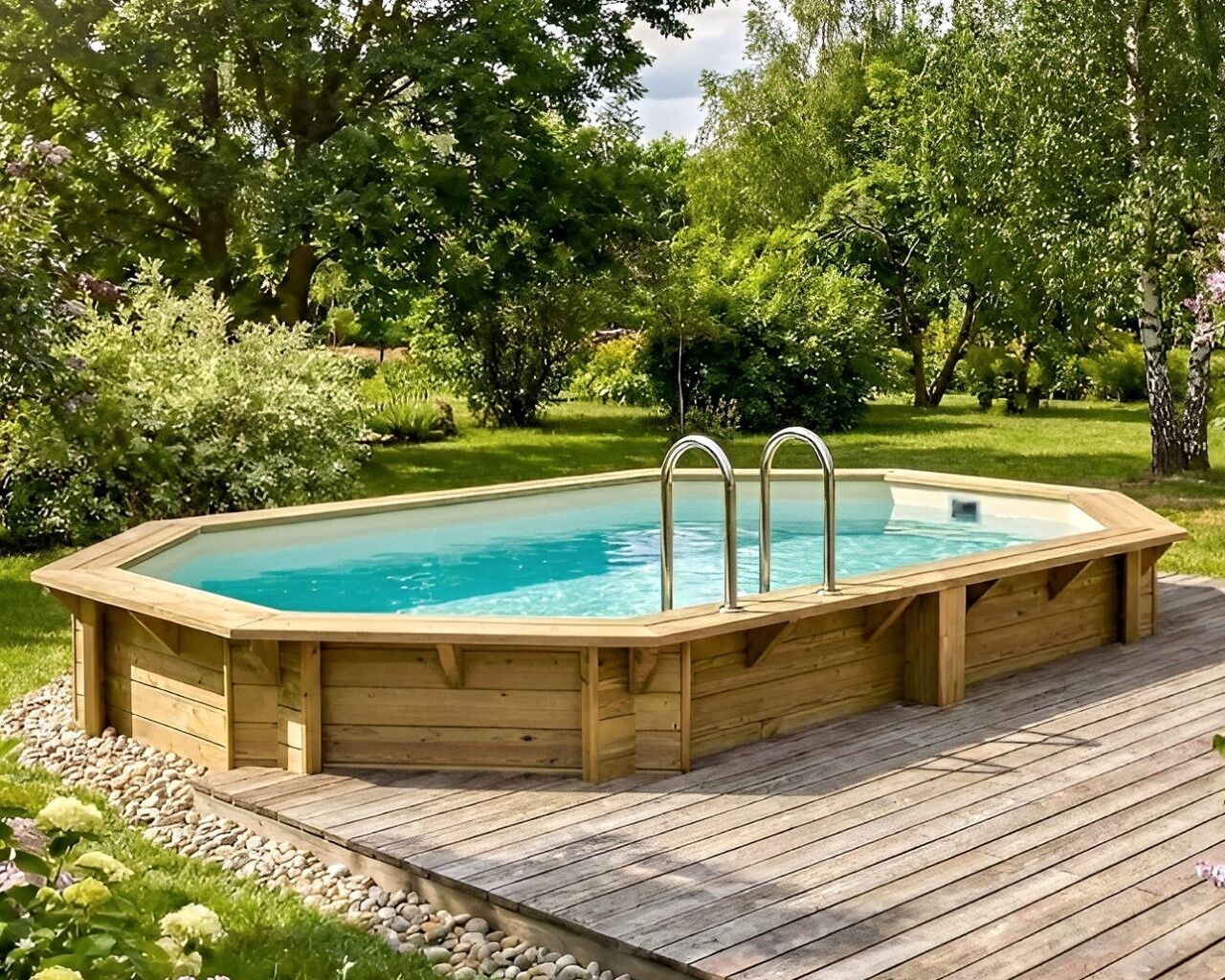 Piscine bois Altanka NEMO octogonale allongee 4,3 x 3m H 1,31m liner beige, ancrage beton