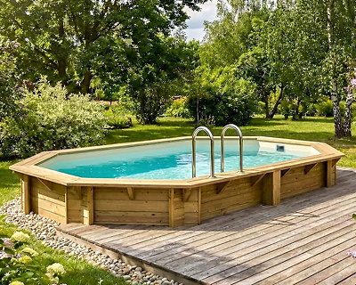 Piscine bois Altanka NEMO octogonale allongée 4,3 x 3m H 1,31m liner beige, ancrage béton