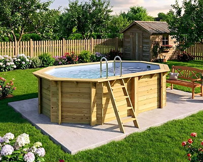 Piscine bois Altanka NEMO octogonale allongée 4,3 x 3m H 1,31m liner gris, ancrage béton