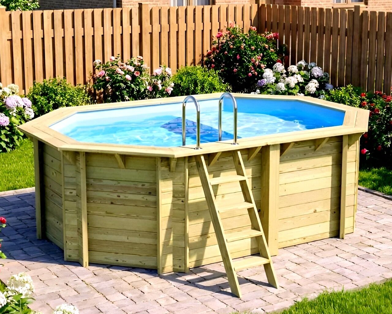 Piscine bois Altanka NEMO octogonale allongee avec plage 4,3 x 3m H 1,31m liner bleu, ancrage beton