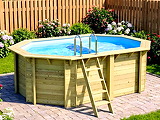 Piscine bois Altanka NEMO octogonale allongee avec plage 4,3 x 3m H 1,31m liner bleu, ancrage beton