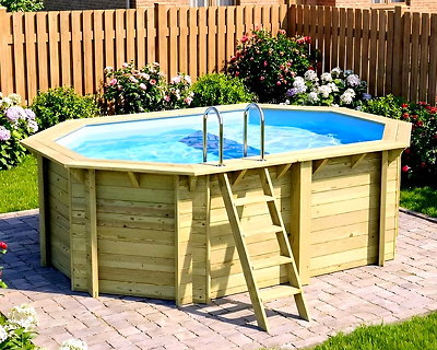 Piscine bois Altanka NEMO octogonale allongée avec plage 4,3 x 3m H 1,31m liner bleu, ancrage béton