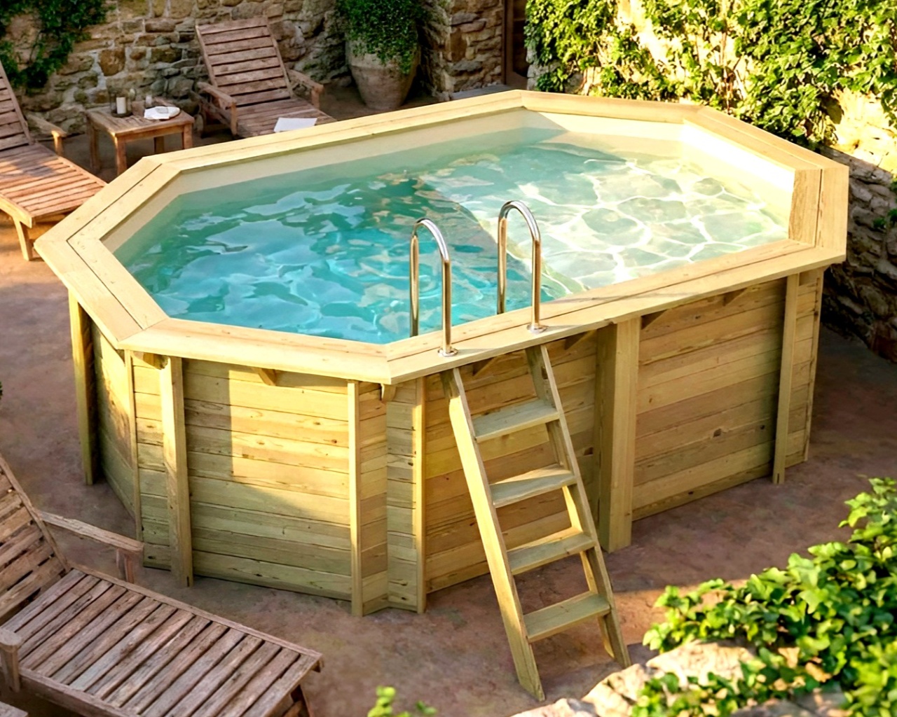 Piscine bois Altanka NEMO octogonale allongee avec plage 4,3 x 3m H 1,31m liner sable, ancrage beton