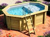 Piscine bois Altanka NEMO octogonale allongee avec plage 4,3 x 3m H 1,31m liner gris, ancrage beton