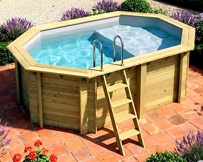 Piscine bois Altanka NEMO octogonale allongée avec plage 4,3 x 3m H 1,31m liner gris, ancrage béton