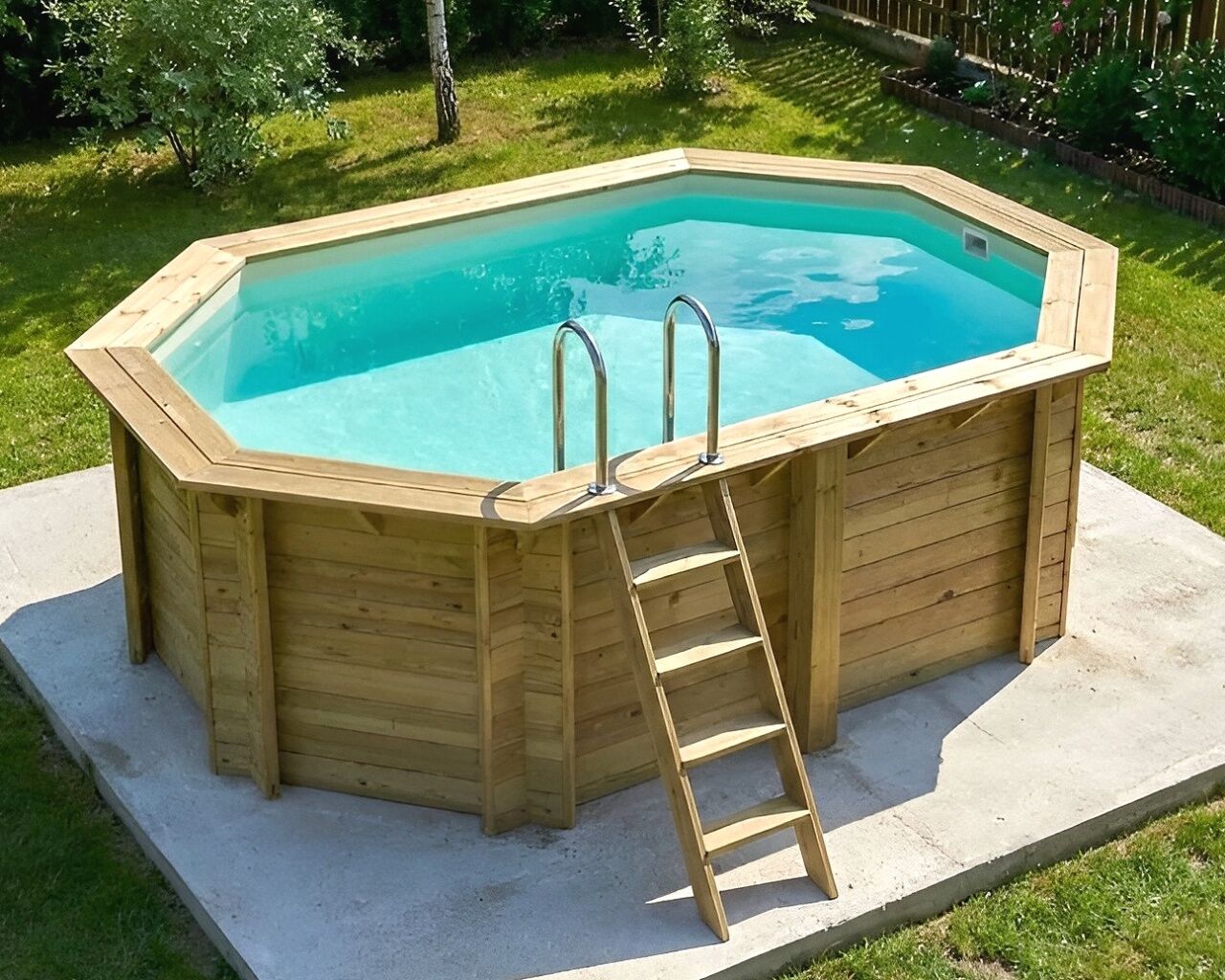 Piscine bois Altanka NEMO octogonale allongee 4,3 x 3m H 1,31m liner sable, pose sur dalle