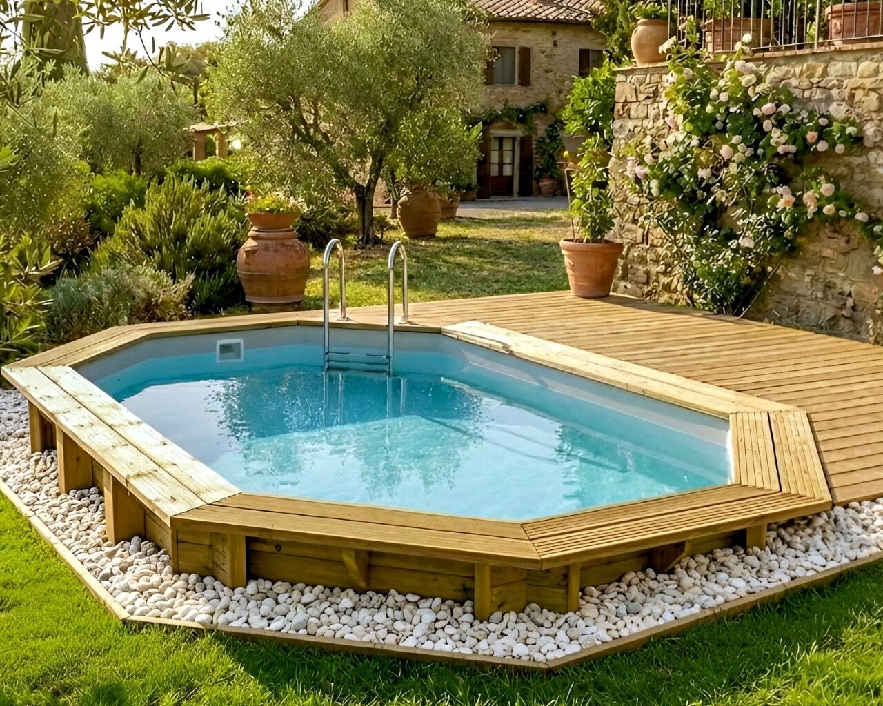 Piscine bois Altanka NEMO octogonale allongee 4,3 x 3m H 1,31m liner gris, pose sur dalle