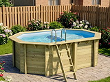 Piscine bois Altanka NEMO octogonale allongee avec plage 4,3 x 3m H 1,31m liner bleu, pose sur dalle