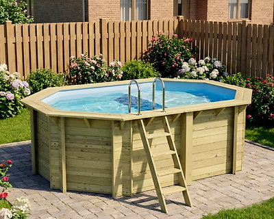 Piscine bois Altanka NEMO octogonale allongée avec plage 4,3 x 3m H 1,31m liner bleu, pose sur dalle