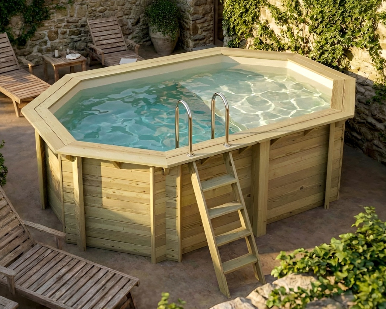 Piscine bois Altanka NEMO octogonale allongee avec plage 4,3 x 3m H 1,31m liner sable, pose sur dalle