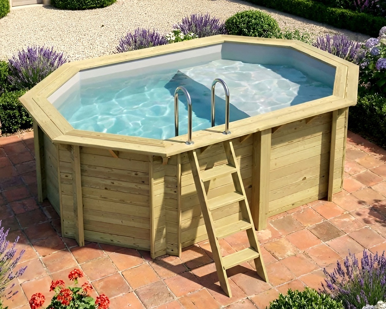 Piscine bois Altanka NEMO octogonale allongee avec plage 4,3 x 3m H 1,31m liner gris, pose sur dalle