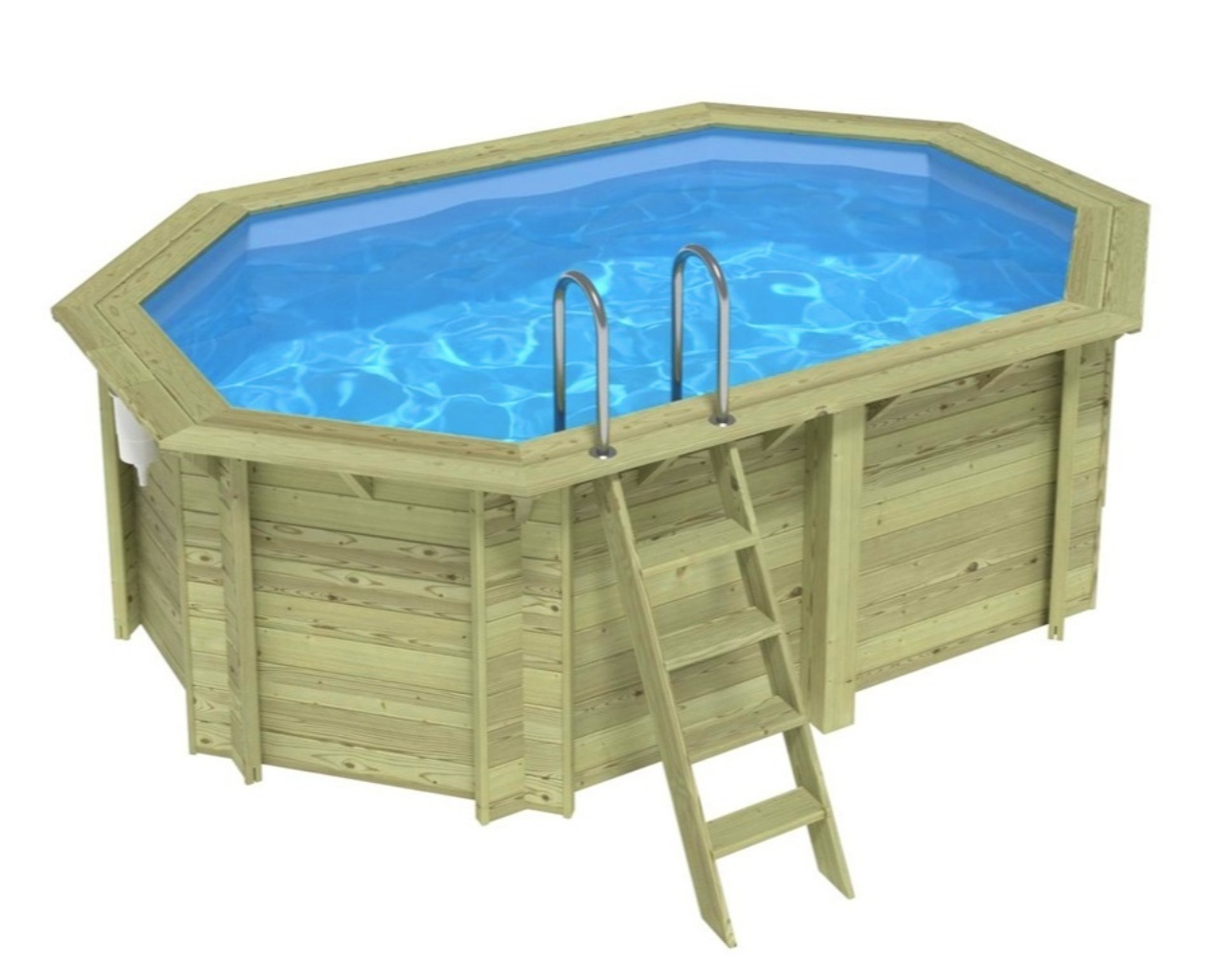 Piscine bois Altanka NEMO octogonale allongee 4,3 x 3m H 1,31m liner bleu, sans dalle beton