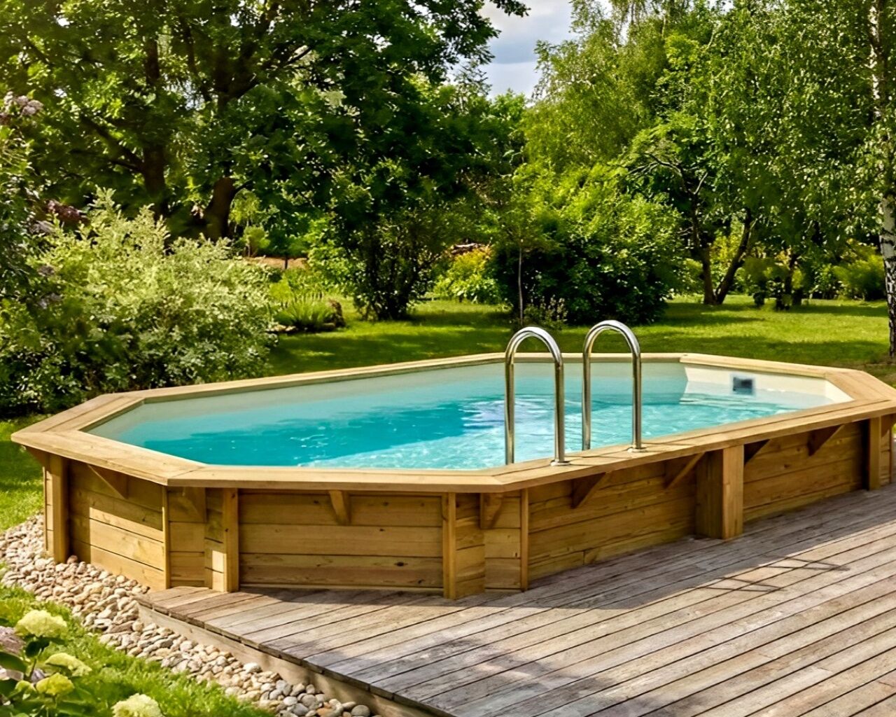 Piscine bois Altanka NEMO octogonale allongee 4,3 x 3m H 1,31m liner sable, sans dalle beton