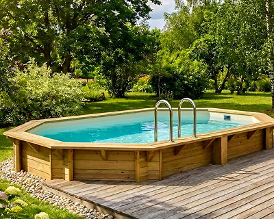 Piscine bois Altanka NEMO octogonale allongée 4,3 x 3m H 1,31m liner sable, sans dalle béton