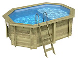 Piscine bois Altanka NEMO octogonale allongee avec plage 4,3 x 3m H 1,31m liner bleu, sans dalle beton