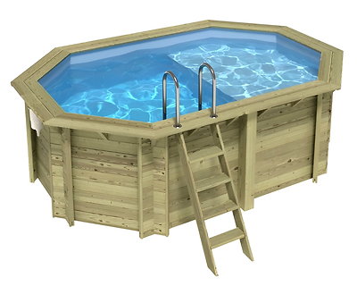 Piscine bois Altanka NEMO octogonale allongée avec plage 4,3 x 3m H 1,31m liner bleu, sans dalle béton