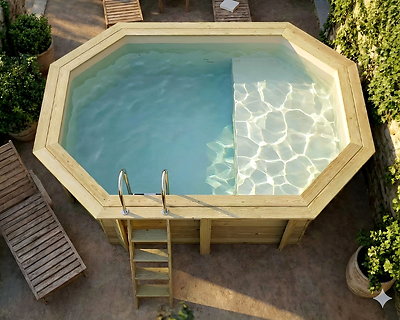 Piscine bois Altanka NEMO octogonale allongée avec plage 4,3 x 3m H 1,31m liner sable, sans dalle béton