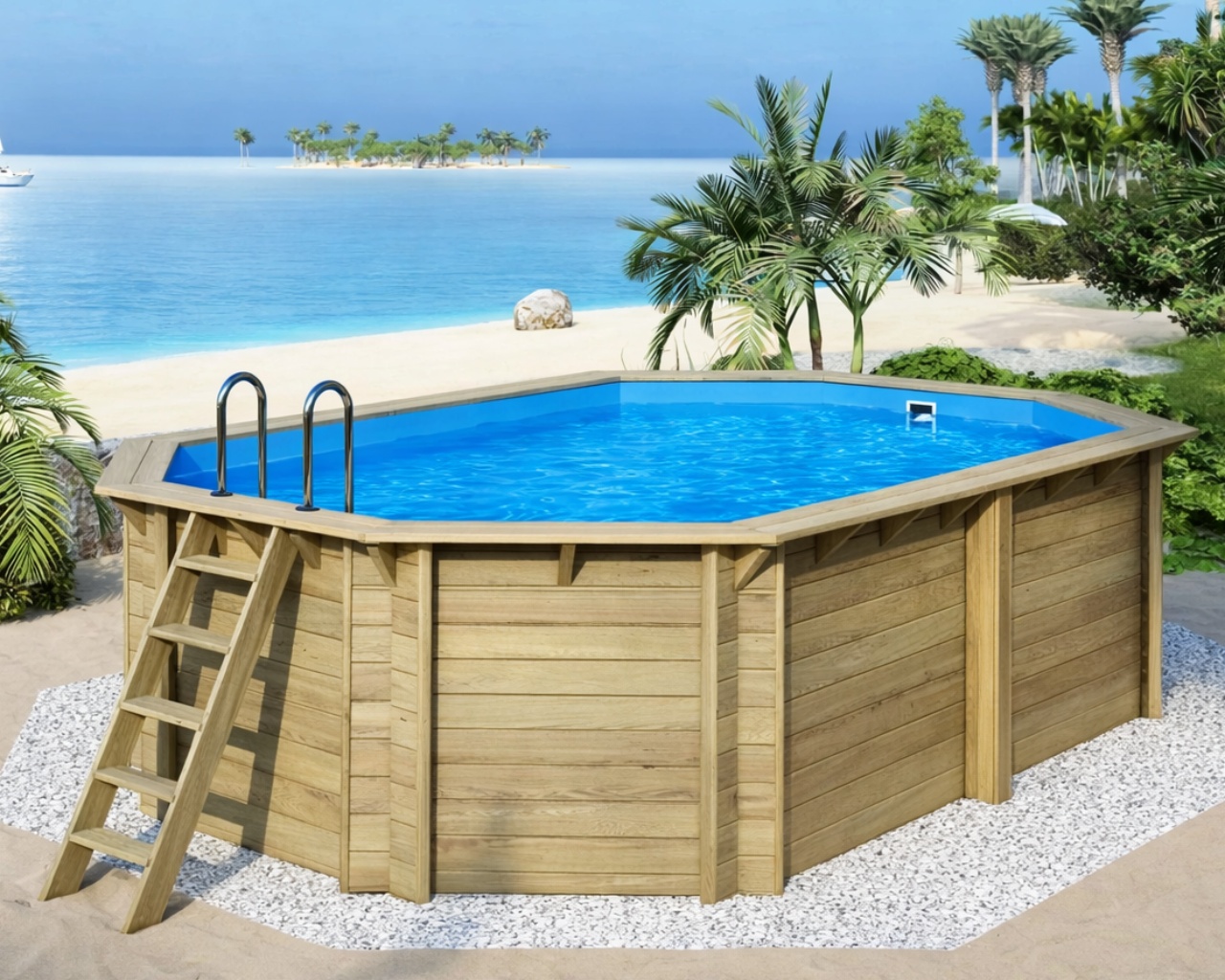 Piscine bois Altanka NEMO octogonale allongee 5,79 x 3,49m H 1,45m liner bleu, ancrage beton