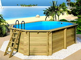 Piscine bois Altanka NEMO octogonale allongee 5,79 x 3,49m H 1,45m liner bleu, ancrage beton
