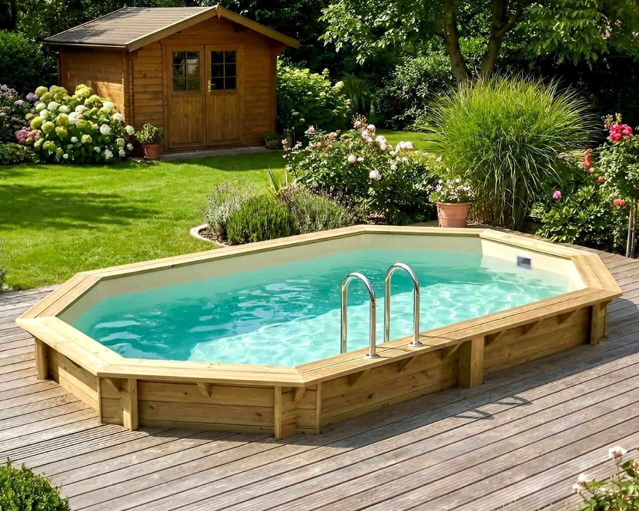 Piscine bois Altanka NEMO octogonale allongee 5,79 x 3,49m H 1,45m, liner sable ancrage beton