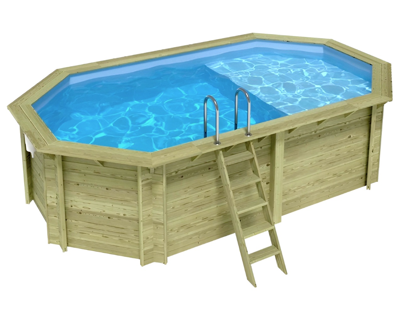 Piscine bois Altanka NEMO octogonale allongee avec plage 5,79 x 3,49m H 1,45m, liner bleu ancrage beton