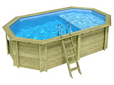 Piscine bois Altanka NEMO octogonale allongee avec plage 5,79 x 3,49m H 1,45m, liner bleu ancrage beton