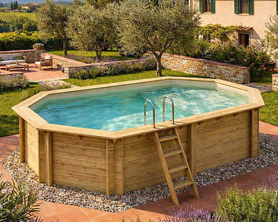 Piscine bois Altanka NEMO octogonale allongée avec plage 5,79 x 3,49m H 1,45m liner sable ancrage béton